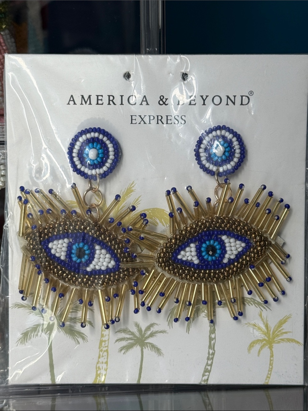 Blue Beaded Evil Eye Drop Earrings